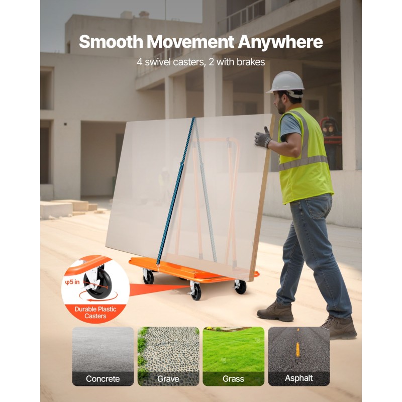 Levyvaunu teräsrunkoinen 816,5 kilogramman kantavuudella neljä kääntyvää pyörää kiristettävä sidontaliina levymateriaaleille