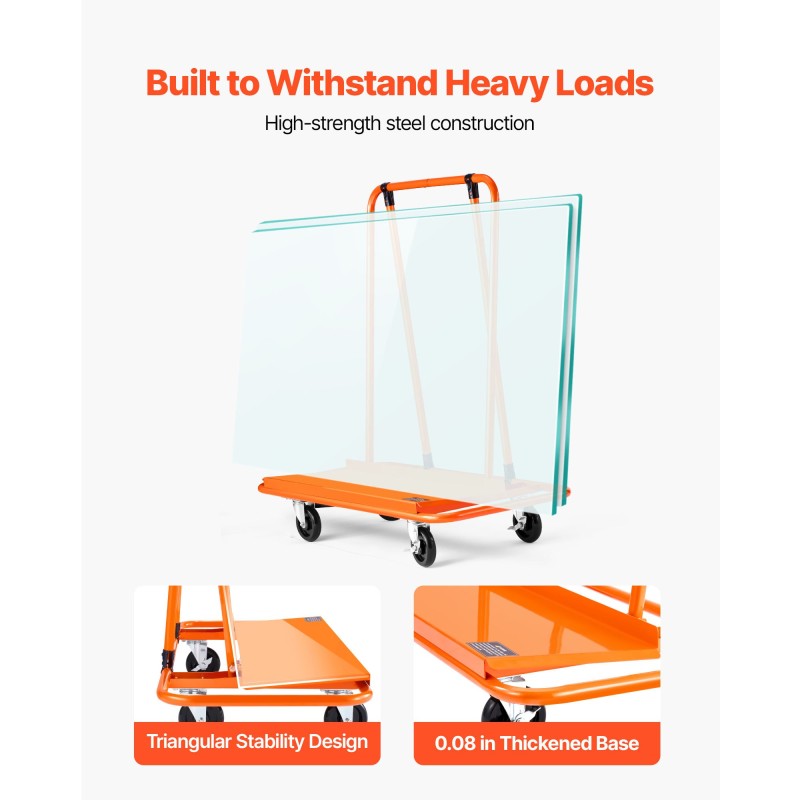 Levyvaunu teräsrunkoinen 816,5 kilogramman kantavuudella neljä kääntyvää pyörää kiristettävä sidontaliina levymateriaaleille