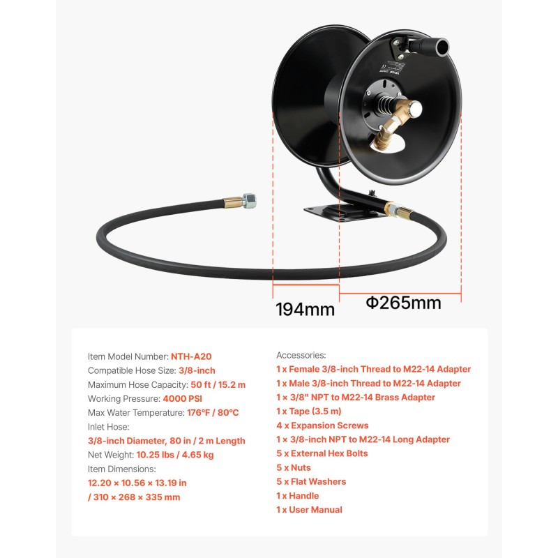 Korkeapaineletkukela teräksinen 15,2 m 3/8-tuuma käsikampi seinä-, lattia- ja ajoneuvoasennus
