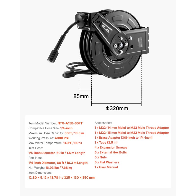 Painepesurin teräsletkukela 18,3 metriä 6,4 millimetriä automaattinen seinälle tai lattialle auton pesuun