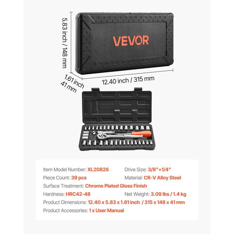 Hylsysarja CR-V-seosteräs 39-osainen 9,5 ja 6,4 mm vetoaukolla SAE ja metriset koot
