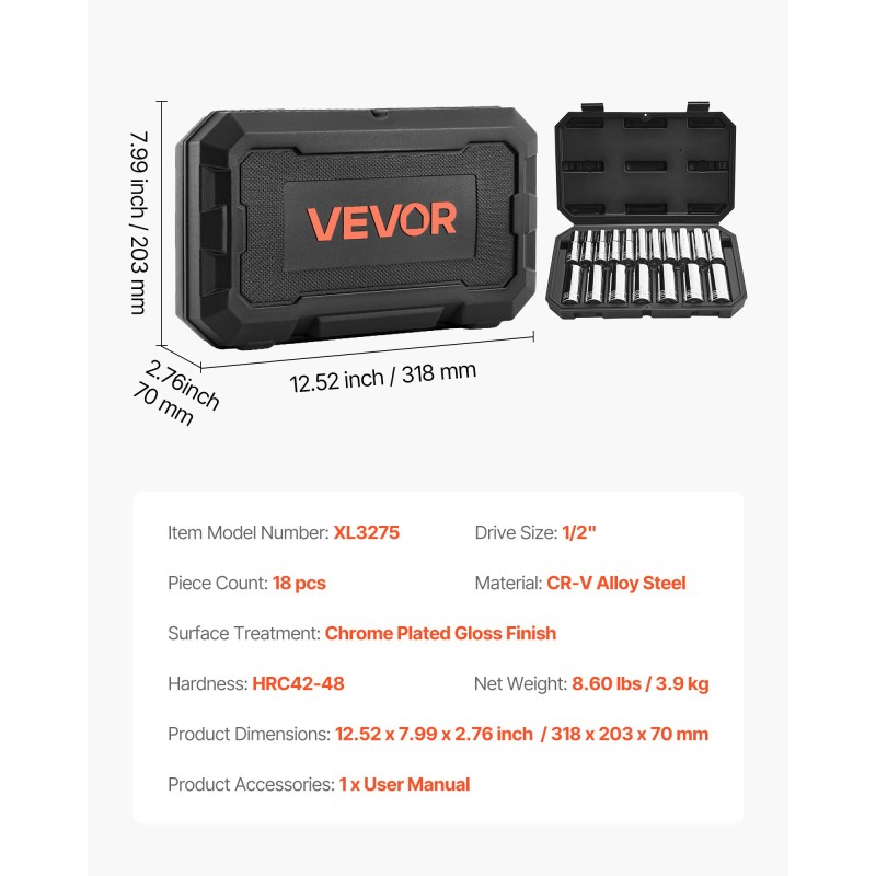 Hylsysarja 18-osainen CR-V-seosteräs kromipinnoitettu 10–27 mm 12,7 mm vetoneliö autonhuoltoon säilytyskotelolla