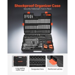 Hylsysarja 225 osaa CR-V-seosteräksestä 1/4 3/8 ja 1/2 tuuman vetokoko