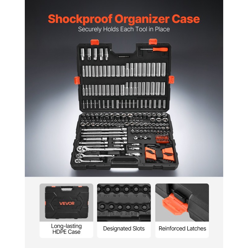 Hylsysarja 225 osaa CR-V-seosteräksestä 1/4 3/8 ja 1/2 tuuman vetokoko