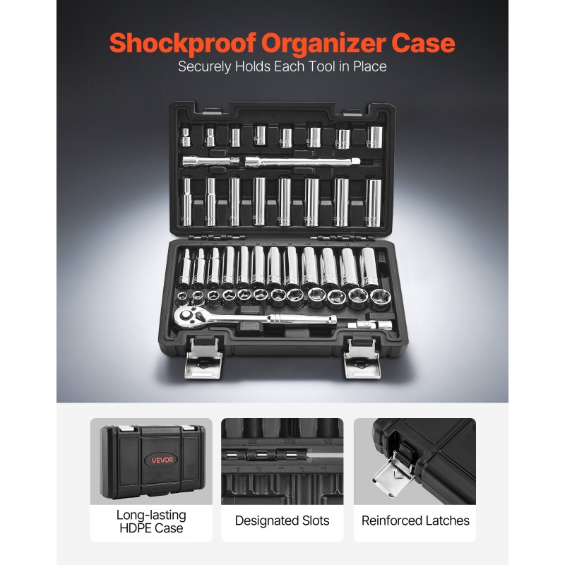 Hylsysarja 44 osaa kromivanadiiniseosteräs 9,5 mm veto tuuma- ja metrikoossa säilytyskotelolla