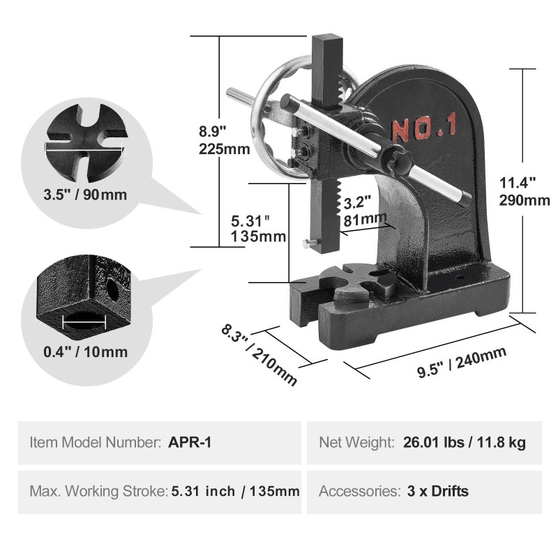 Pöytämallinen valurautainen käsiprässi 150 mm isku puristus ja muovaustöihin
