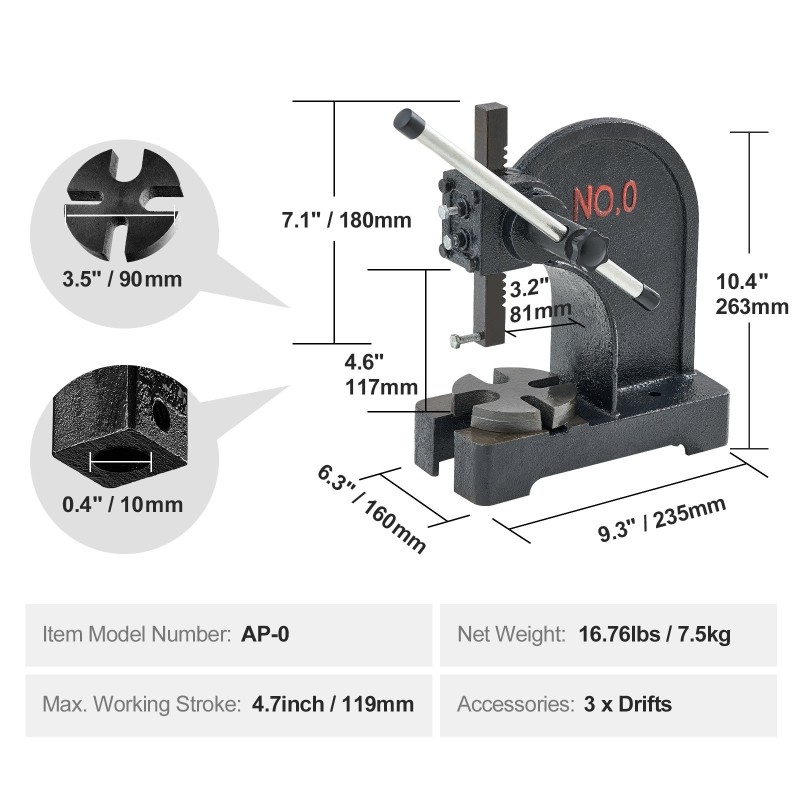 Pöytämallinen valurautapuristin 0,5 tonnia 119 mm työisku puristus ja muovaus