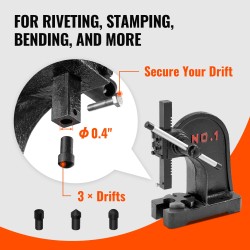 Käsikäyttöinen pöytätelinepuristin yksi tonni valurautarunko viidentoista senttimetrin maksimikorkeus säädettävä kahva