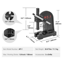 Käsikäyttöinen pöytätelinepuristin yksi tonni valurautarunko viidentoista senttimetrin maksimikorkeus säädettävä kahva