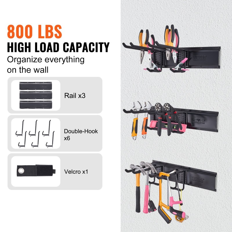 Seinäkiinnitteinen hiiliteräksinen työkaluteline 1222 mm 6 säädettävää koukkua 362,9 kg kantavuus