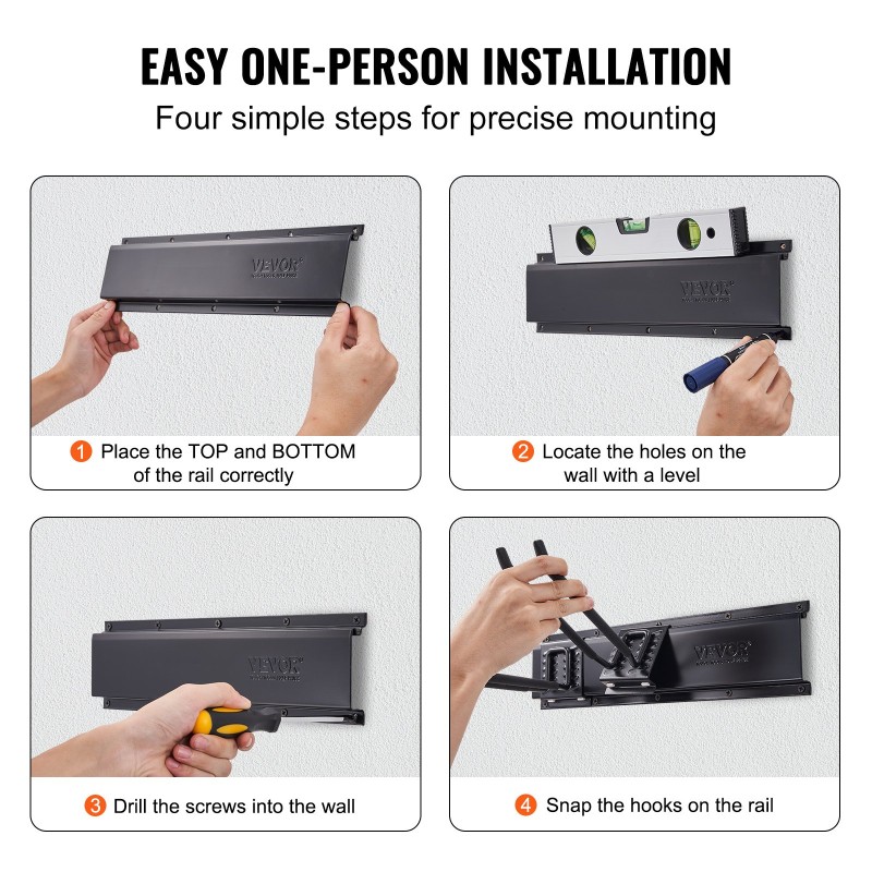 Seinäasennettava työkaluteline hiiliteräksestä neljä kiskoa ja kymmenen säädettävää koukkua puutarha ja autotallikäyttöön