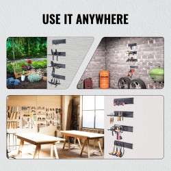 Seinäasennettava työkaluteline hiiliteräksestä neljä kiskoa ja kymmenen säädettävää koukkua puutarha ja autotallikäyttöön