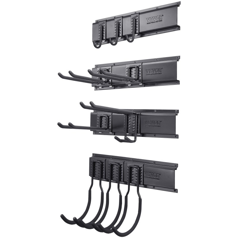 Seinäasennettava työkaluteline hiiliteräksestä neljä kiskoa ja kymmenen säädettävää koukkua puutarha ja autotallikäyttöön