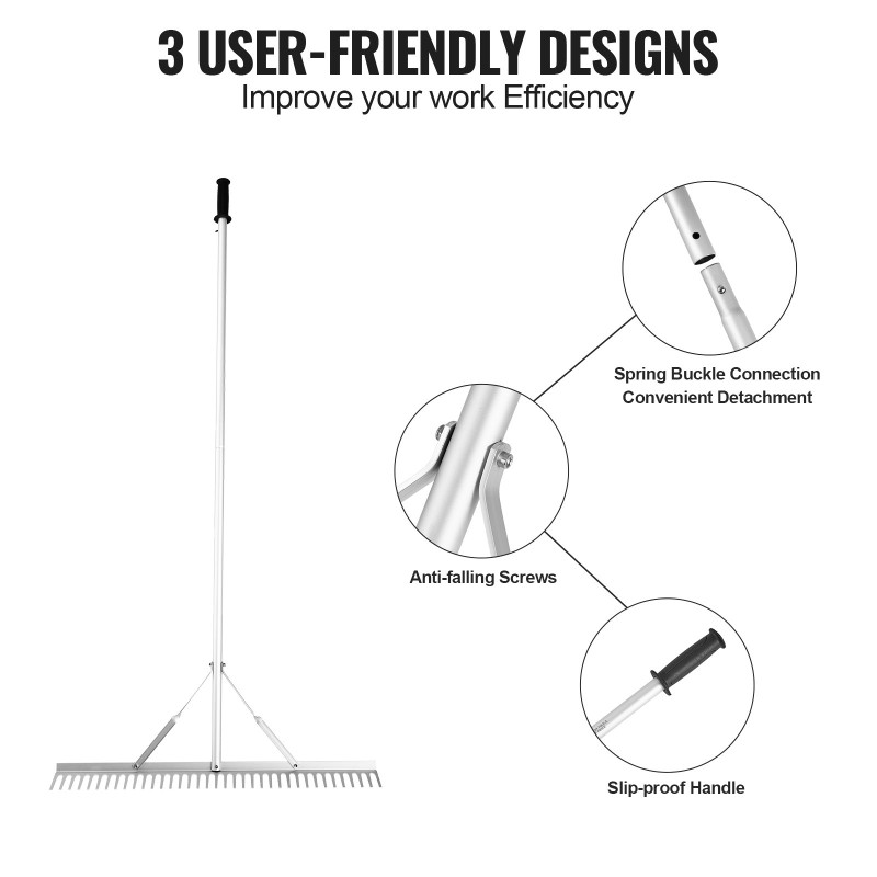Maisemaharava alumiiniseoksesta 915 mm leveä haravapää 1915 mm varsi 37 piikkiä