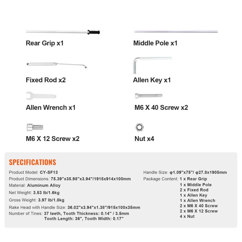 Maisemaharava alumiiniseoksesta 915 mm leveä haravapää 1915 mm varsi 37 piikkiä