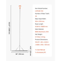 Maisemaharava alumiinirunkoinen 914 mm haravapää 2590 mm varsi 15,8 m köysi