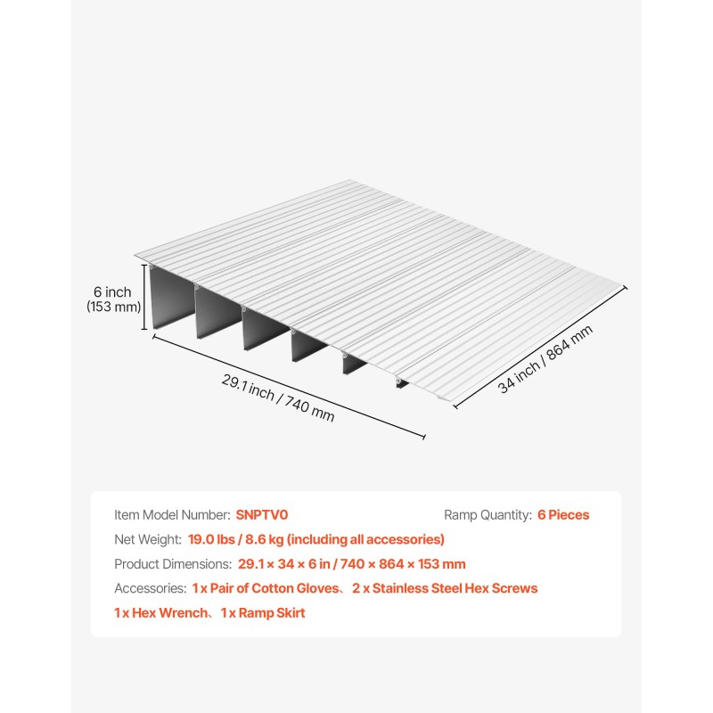 Alumiininen kynnyssilta 138 millimetriä nousu kuusi osaa 363 kilogramman kantavuus pyörätuoleille
