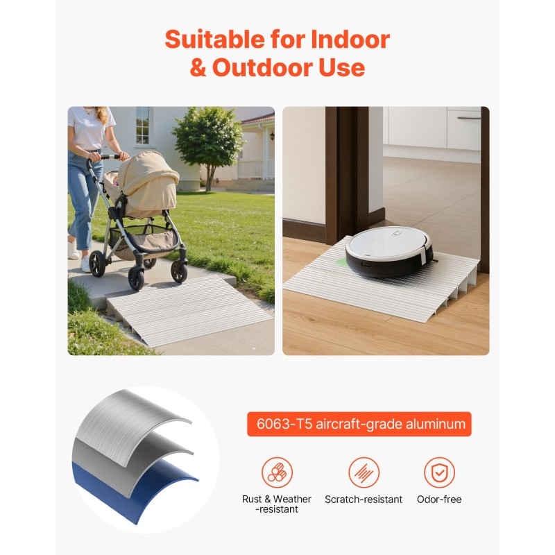 Alumiininen kynnyssilta liukuestopintainen 138 mm nostokorkeus 363 kg kantavuus 5 osaa pyörätuoleille