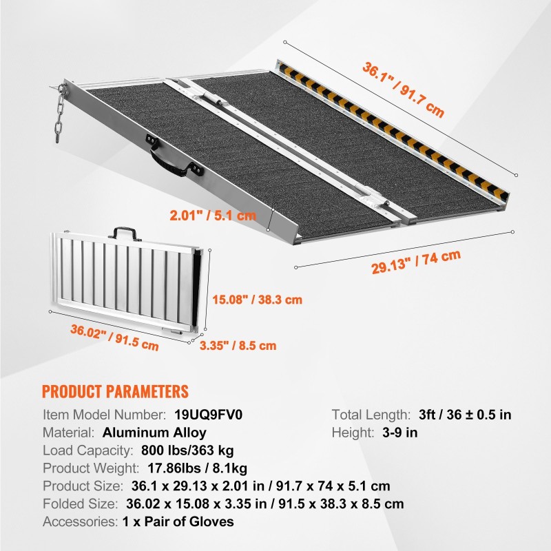 Taitettava alumiininen kynnysramppi 91,5 senttimetriä 363 kilon kantavuus liukuestopinnoitteella kantokahvalla