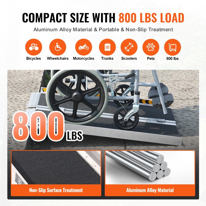 Taitettava alumiininen pyörätuoliramppi 61 cm leveä 362,9 kg kantavuus kynnyksille ja portaikkoihin