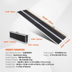 Taitettava pyörätuoliramppi alumiiniseoksesta 304,8 cm 363 kg liukuestopinnalla