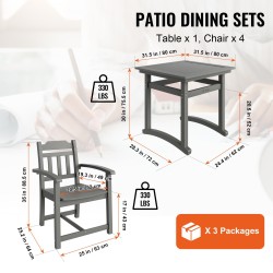 5-osainen ulkoruokailuryhmä HIPS-materiaalia säänkestävä puujäljitelmäinen neliöpöytä ja neljä tuolia vaaleanharmaa