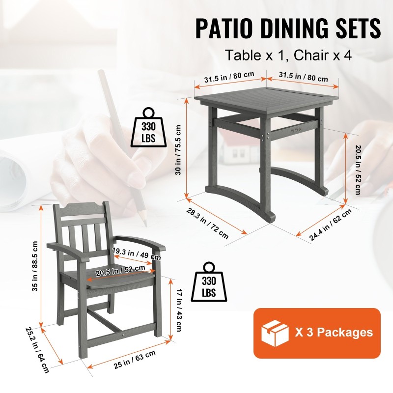 5-osainen ulkoruokailuryhmä HIPS-materiaalia säänkestävä puujäljitelmäinen neliöpöytä ja neljä tuolia vaaleanharmaa