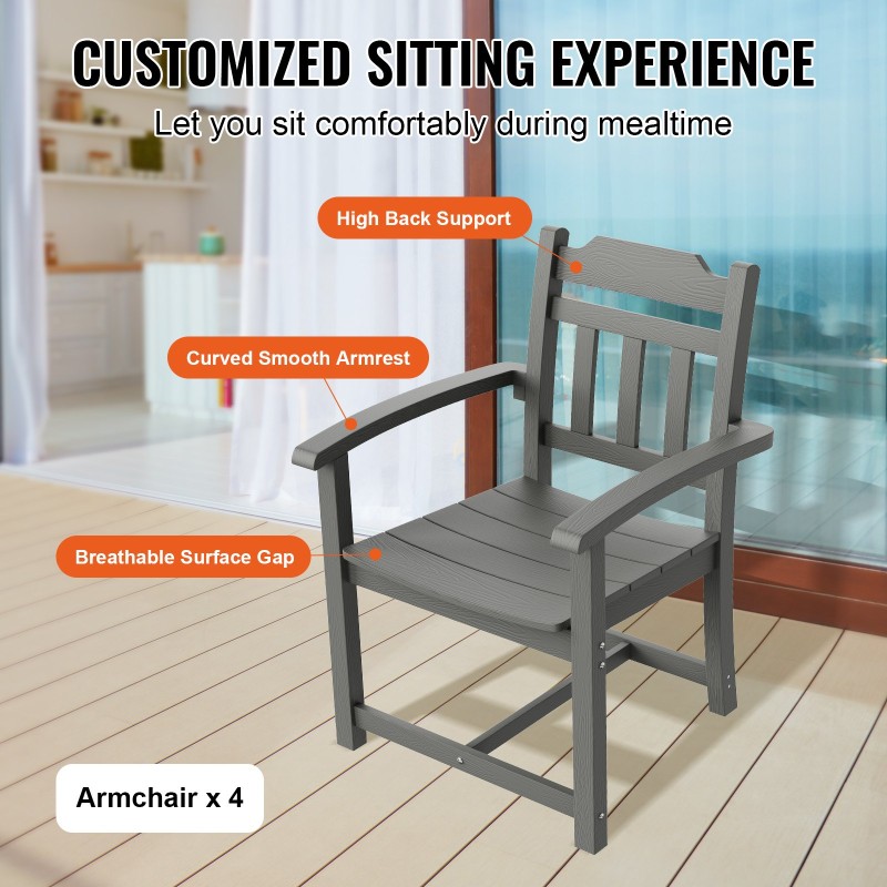 5-osainen ulkoruokailuryhmä HIPS-materiaalia säänkestävä puujäljitelmäinen neliöpöytä ja neljä tuolia vaaleanharmaa