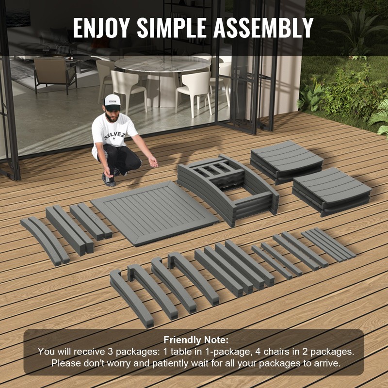 5-osainen ulkoruokailuryhmä HIPS-materiaalia säänkestävä puujäljitelmäinen neliöpöytä ja neljä tuolia vaaleanharmaa