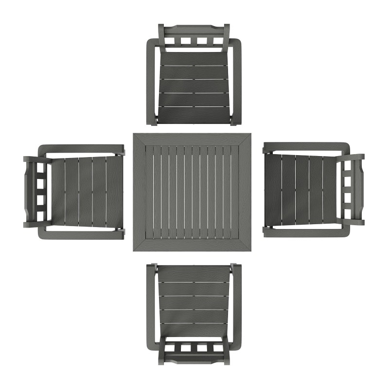 5-osainen ulkoruokailuryhmä HIPS-materiaalia säänkestävä puujäljitelmäinen neliöpöytä ja neljä tuolia vaaleanharmaa