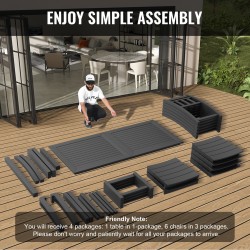 Terassiruokailuryhmä HIPS-muovi seitsemänosainen suorakaiteen pöytä kuusi tuolia musta ulkokäyttöön sopiva