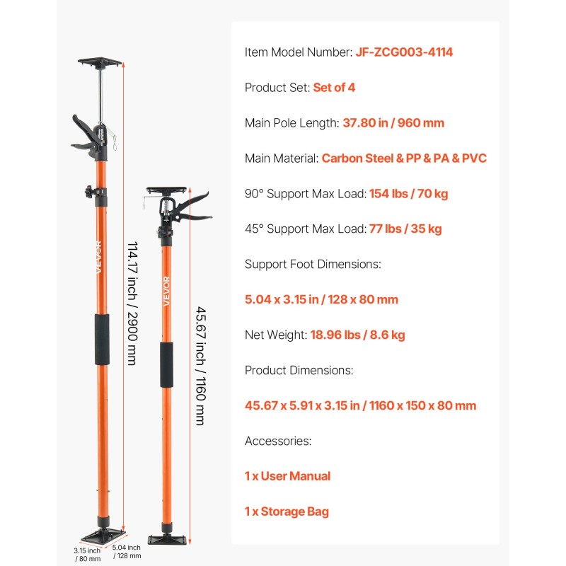 Teräksiset tukipylväät 4 kpl säädettävät 116–290 cm noin 70 kg kaappiasennukseen