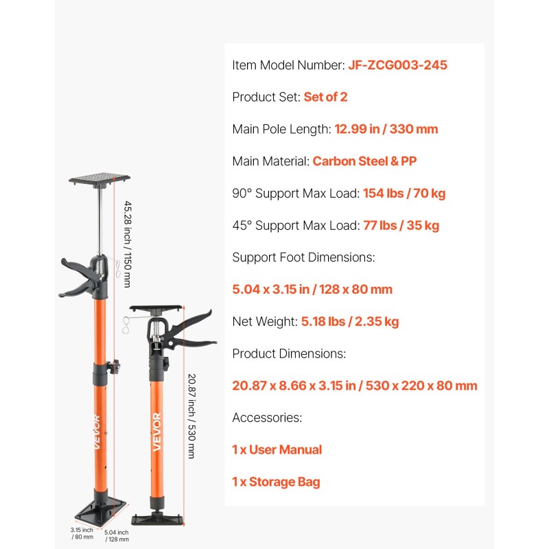 Teleskooppinen teräksinen tukitangkosarja kaappien asennukseen 54-155 cm 2 kpl 70 kg