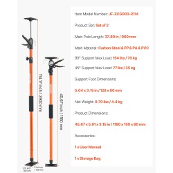 Teleskooppiset hiiliteräksiset tukipylväät 2 kappaleen sarja 116–290 cm 70 kg kaappien asennukseen