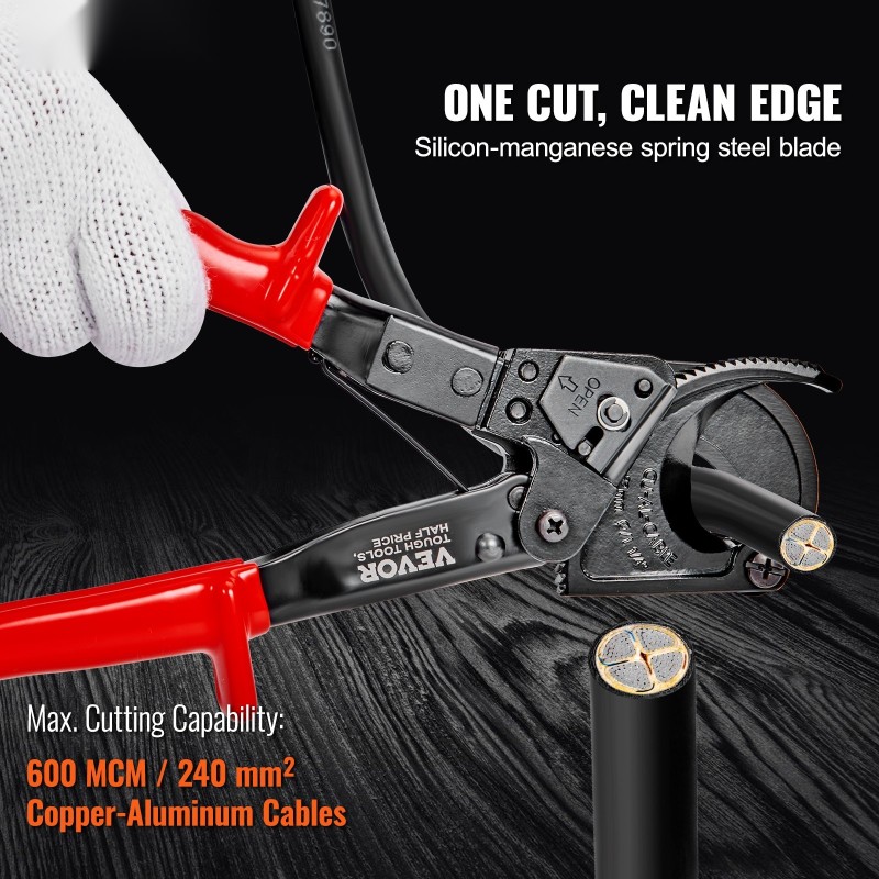 Räikkätoiminen kaapelileikkuri piimangaanijousiteräksinen 25,4 cm 240 mm² kupari ja alumiini