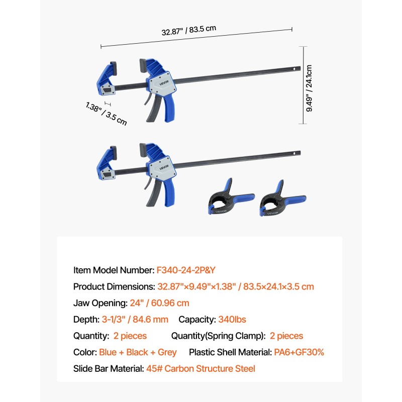 Yksikätiset puristimet muovikuori ja hiilirakenneteräs kaksi kappaletta 60,96 cm puu- ja metallityöhön