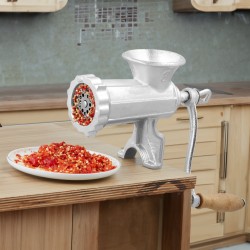 Valurautainen käsikäyttöinen lihamylly pöytäkiinnikkeellä leikkuuterällä 2 leikkuulevyä 3 makkarasuppiloa