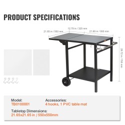 Kaksitasoinen ulkoruokakärry 550x550 mm pöytälevyllä taitettavalla sivutasolla kahdella pyörällä