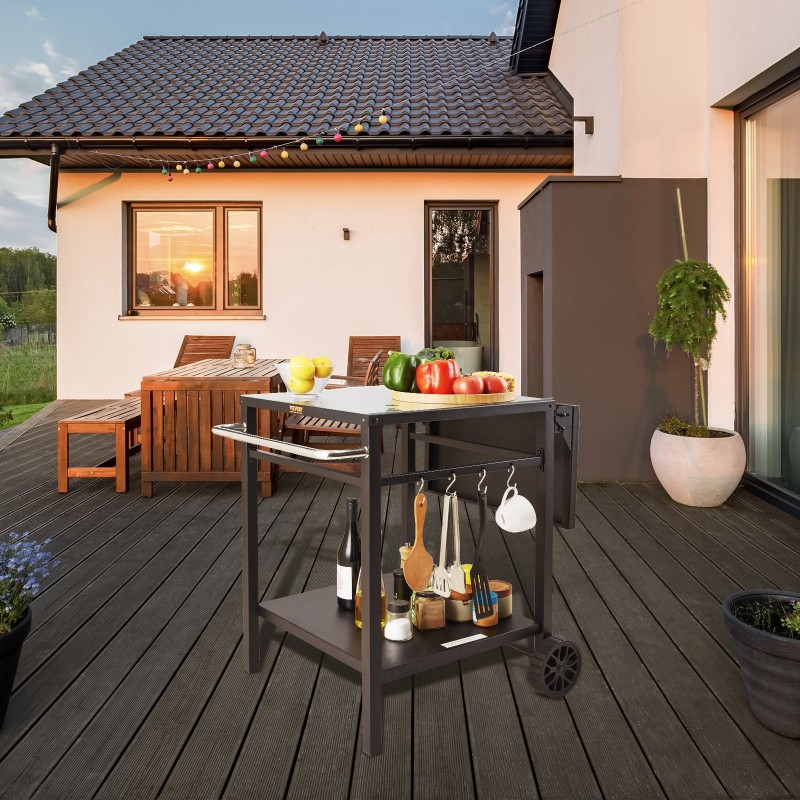 Kaksitasoinen ulkoruokakärry 550x550 mm pöytälevyllä taitettavalla sivutasolla kahdella pyörällä