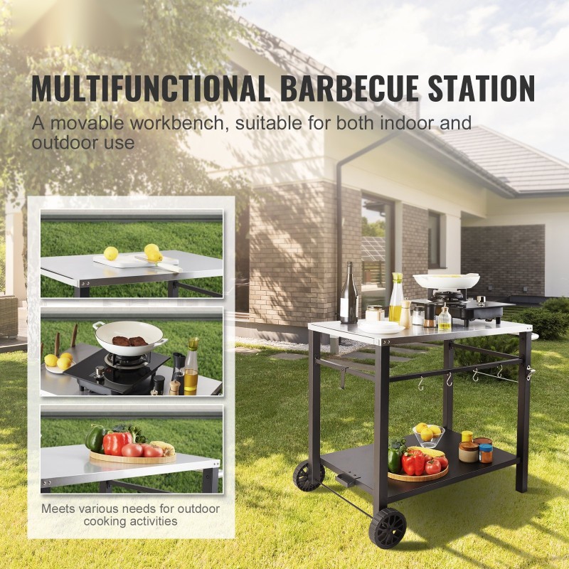 Ulkogrillauskärry ruostumattomasta teräksestä kaksitasoinen hylly pyörillä kantokahvalla