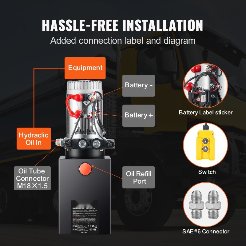 Kaksitoiminen hydrauliikkapumppu teräs 12 V 1,6 kW kippiperävaunuun