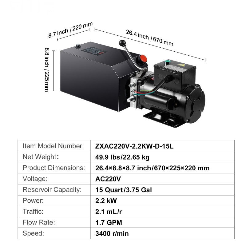 Hydrauliikkapumppu terässäiliöllä 14,2 l 2,2 kW 220 V yksitoiminen