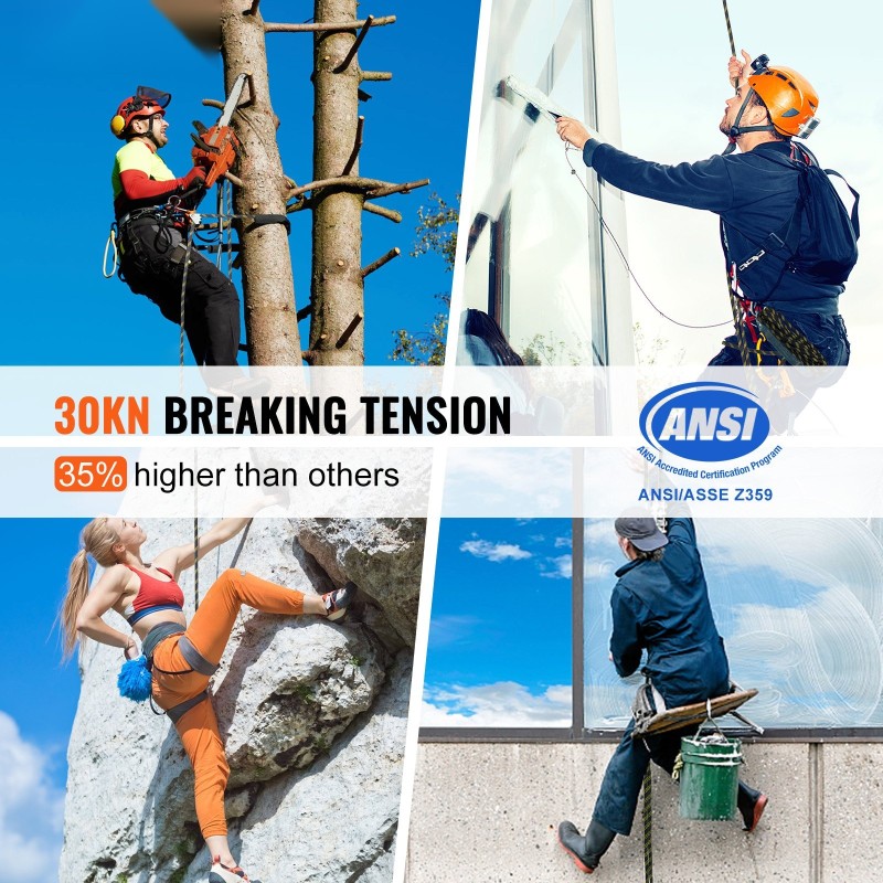 Pystysuuntainen polyesteriturvaköysi 45,7 m 14 mm 30 kN teräksisillä pikalukoilla ja köysilukolla