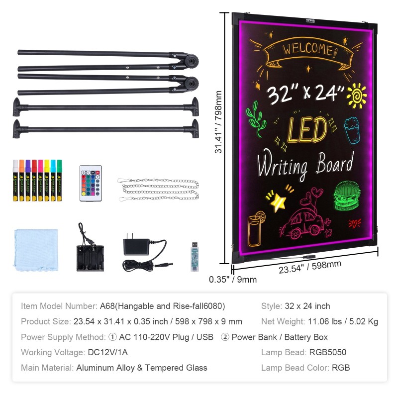 LED-viestitaulu karkaistulla lasilla alumiinirunko 59,8x79,8 cm ripustettava ylös alas säädettävä
