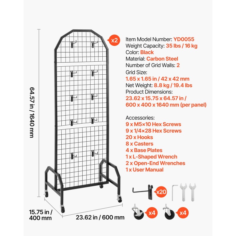 Siirrettävät verkkoseinäpaneelit 2 kpl hiiliteräs 600×1640 mm musta pyörillä 20 koukkua
