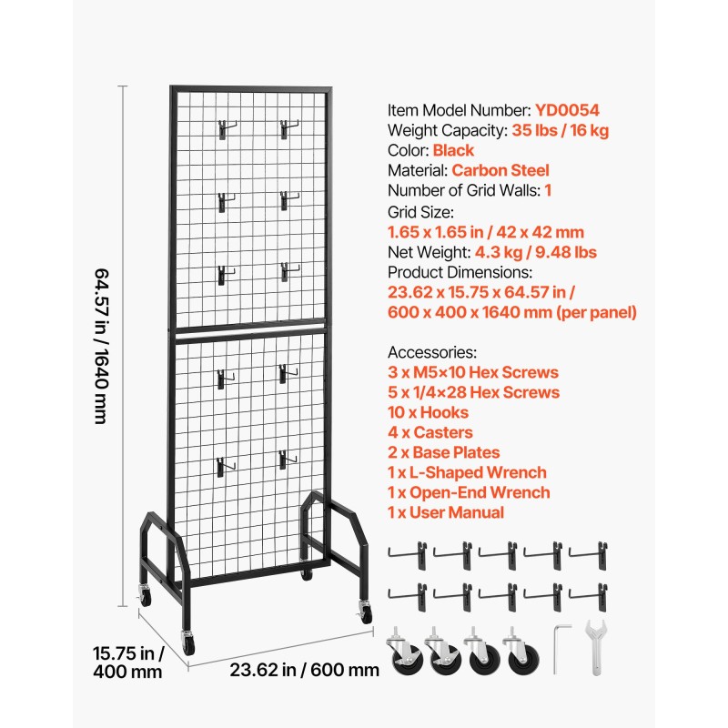 Ritiläseinäpaneeli hiiliteräs 600 x 1640 mm 2 kpl musta pyörillä 10 koukkua