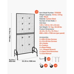 Ritiläseinät 2 kpl musta hiiliteräs 898 x 1798 mm pyörillä 20 koukkua