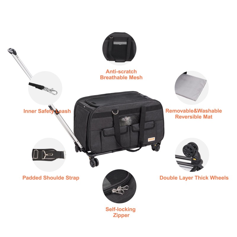Lemmikkikuljetuslaukku pyörillä musta 600D Oxford-kangas teleskooppikahvalla olkahihnalla taitettava kulho enintään 15,8 kg