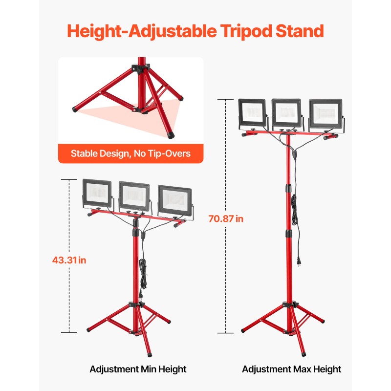 LED-työvalo kolmipäinen jalustalla 15000 lumenia 6000–6500K IP65 3,3 m virtajohto