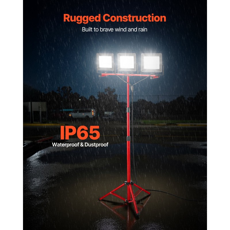 LED-työvalo kolmipäinen jalustalla 15000 lumenia 6000–6500K IP65 3,3 m virtajohto